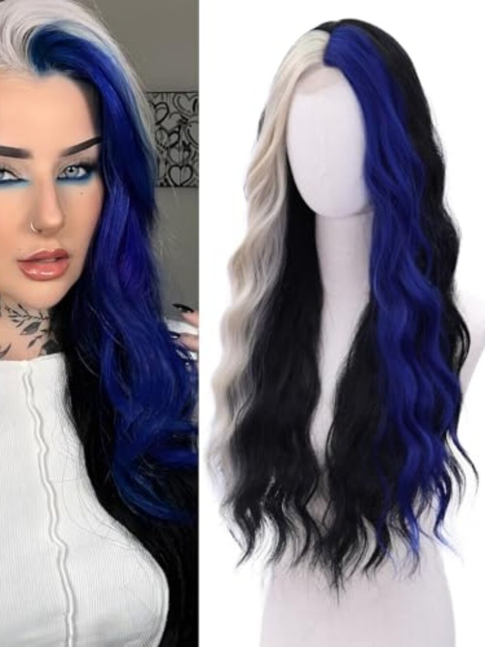 Black Blue Wig for Women Long Platinum Blonde Highlight Wig 28 Inch